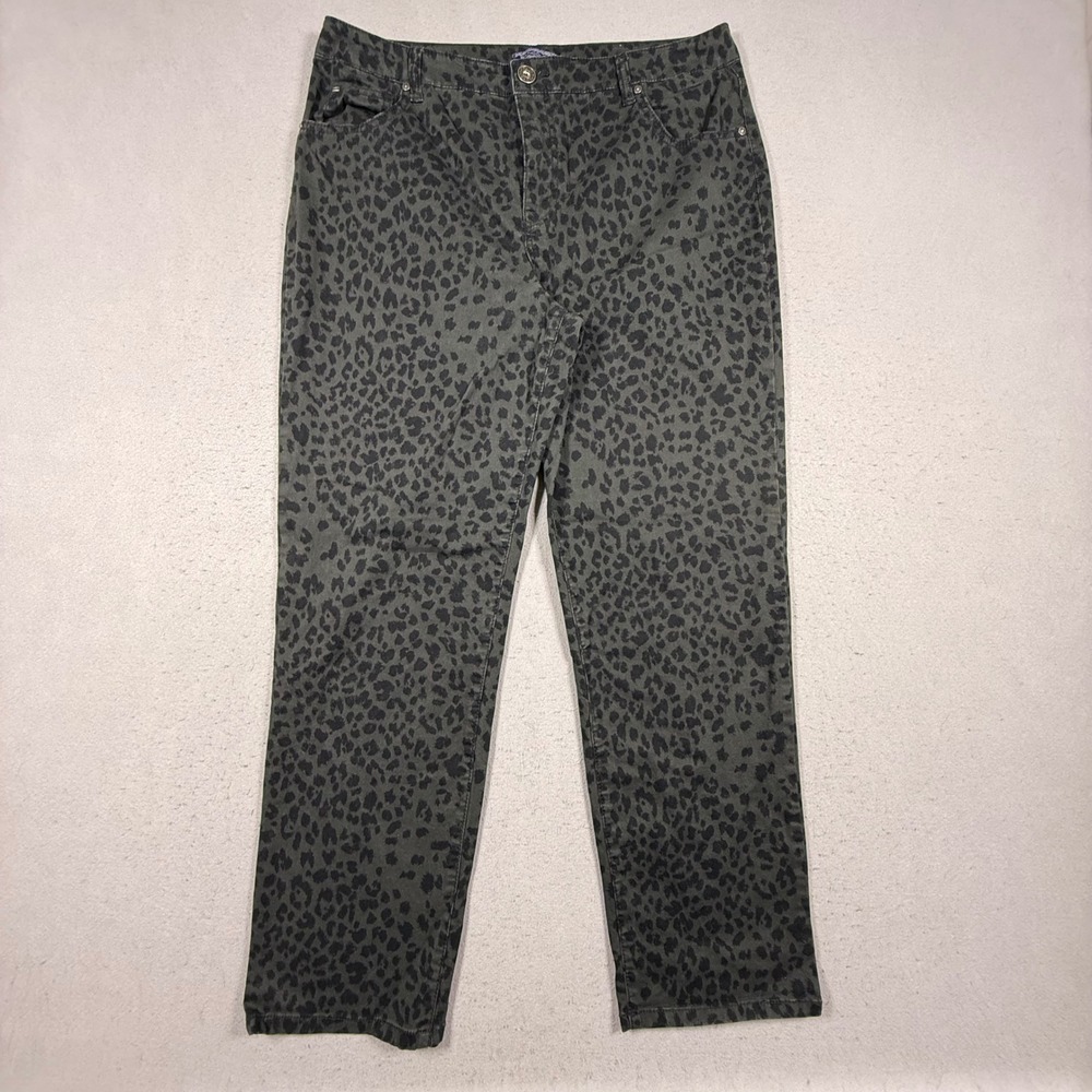 Mandie Leopard Print Pants Olive Green Black Animal Straight Leg 16